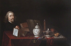 Self-portrait, aged 64 with a Still Life of Vases, Books and a Medal