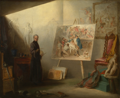 Self-portrait in the artist's studio painting The Death of Nelson by Samuel Drummond