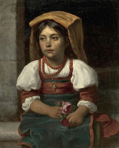 Sitting Italian girl with roses by Karl von Blaas