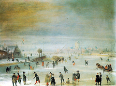 Skaters and kolf players on the ice near Kampen