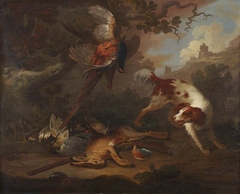 Spaniel with Dead Game and a Gun in a Landscape