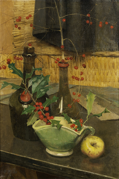 Still life with holly, fire test, apple and bottles by Piet Meiners