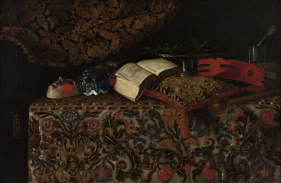 Still life with masks, books and musical instruments