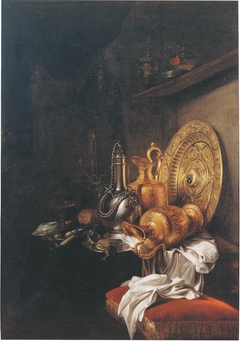 Still life with pewter canteen, gilt ewers and gilt silver plate