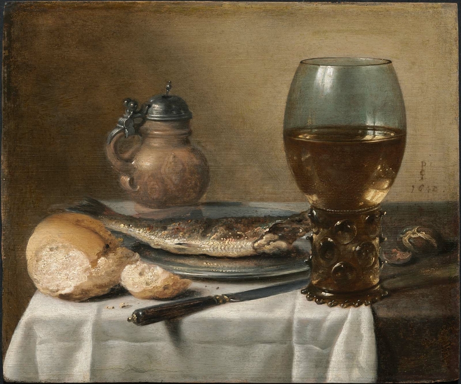 Still Life with Stoneware Jug, Wine Glass, Herring, and Bread