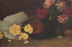 Still Life with Tea roses, peonies and Chapeau Claque