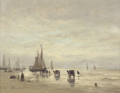 Strand met boten en schelpenvissers by Hendrik Willem Mesdag