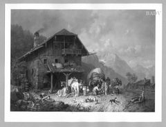 Strohfuhre vor der Schmiede (im Gebirge) by Heinrich Bürkel