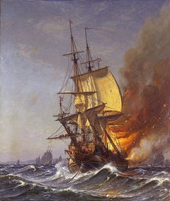 The Danish ship Dannebroge caught on fire in the battle of Køge Bay (1710) by Christian Mølsted