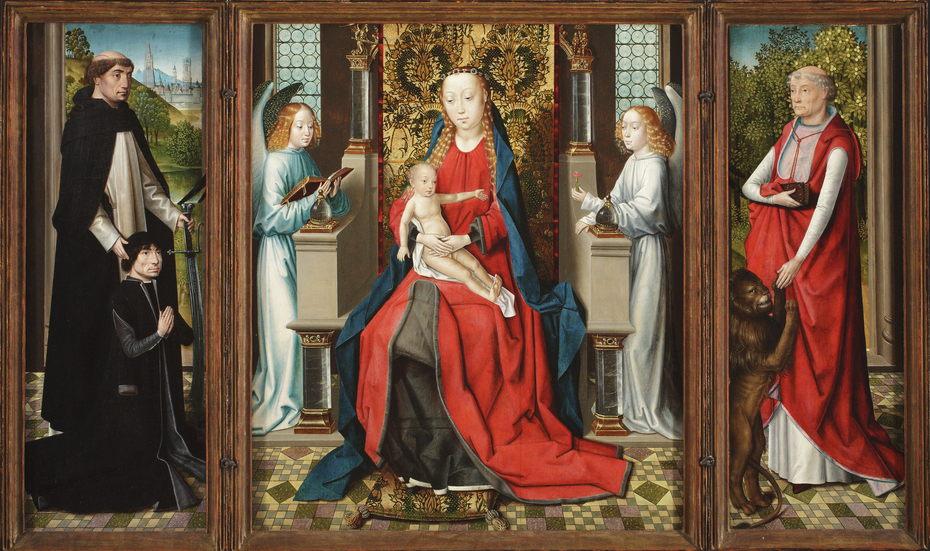 Triptych of Madonna and Child with Angels; Donor and His Patron Saint Peter Martyr; and Saint Jerome and His Lion