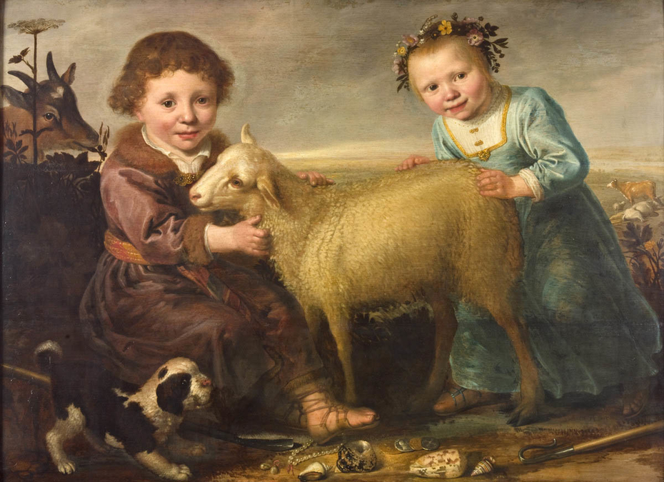 Two children with a lamb