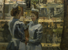 Two maids on a canal in Amsterdam by Isaac Israels