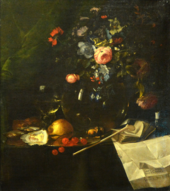 Vanitas with Bouquet of Flowers and Pipe