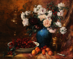 Vase, fleurs et fruits