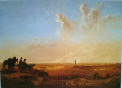View from the Koningstafel at the Heimenberg towards the town Rhenen with travelers, farmers, horses and sheep by Aelbert Cuyp