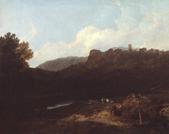 View in Wales: Mountain Scene with Village and Castle - Evening by J. M. W. Turner