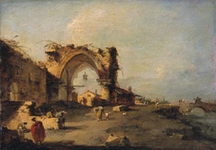 View of a Village with a Bridge and a Ruined Monumental Gothic Door by Francesco Guardi