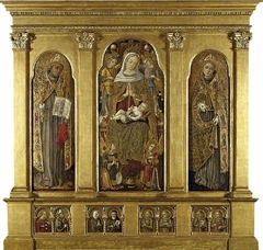 Virgin and Child enthroned; St Bonaventura (left); St Louis of Toulouse (right). below, four pairs of figures of Saints: St Agatha and St Augustine; an unidentified female Franciscan Saint and St Clar by Vittore Crivelli