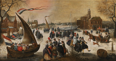 Winter landscape with elegant skaters on a frozen lake, ice-breakers and a town in the distance