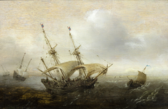 Woelige zee met schepen by Hans Goderis