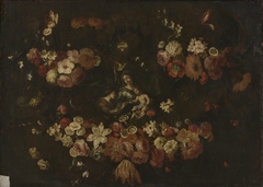 Wrath of flowers surrounding the mystic marriage of St. Catherine of Alexandria by anonymous painter