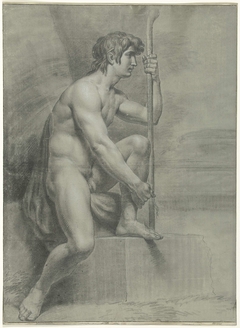 Zittend mannelijk naakt met staf en opgetrokken linkerbeen