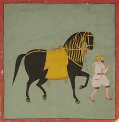 A black horse, with a yellow caparison, on a green background. One morchal bear by Anonymous