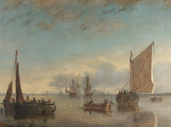 A Calm Estuary with Fishing Boats and Man o' War firing a Salute by Anonymous