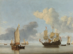 A Dutch ship at anchor drying sails and a Kaag under sail by Willem van de Velde the Younger