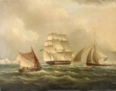 A frigate with a cutter and fishing boat by British School