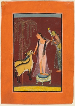 A Lady with Attendant and a Pair of Deer, probably Gujari Ragini of Dipak, from a Pahari Ragamala
