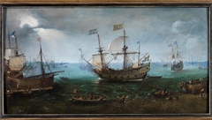 A Three-master firing a salute before a harbour (Dordrecht?) by Cornelis Claesz van Wieringen
