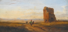 A View of the Roman Campagna with Travelers Passing a Ruined Brick Tomb, an Aqueduct in the Distance