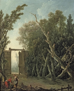A wooded garden with a gate and figures in the foreground