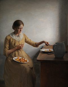 A Young Girl Preparing Chantarelles by Peter Ilsted