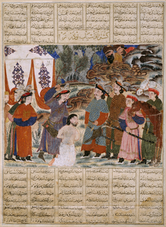 Afrasiyab Killing Naudar, a folio from the Great Il-Khanid (Mongol) Shahnama (Book of Kings) by anonymous Persian painter