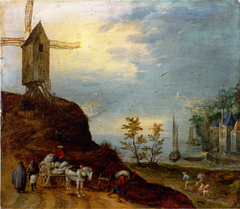 An extensive river landscape with a windmill and travellers on a path.