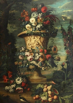 An Urn Filled and Garlanded with Summer Flowers and Autumn Fruit by Anonymous