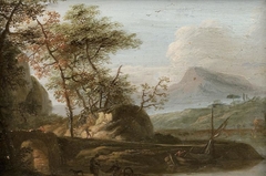 Aquatic landscape with boat and figures.