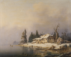 Bauernhof am winterlichen See by Marko Pernhart