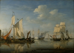 Blick auf die ruhige See mit vielen Schiffen by Nicolaas Baur