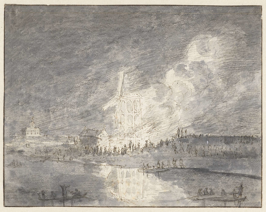 Brand in een molen aan de Muiderdijk, ca. 1710