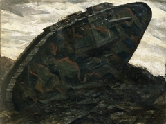 Camouflaged tank crossing muddy terrain by Christopher R W Nevinson
