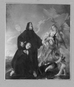 "Caritas", Allegorie, weibliche Gestalt mit zwei Mönchen und Engeln