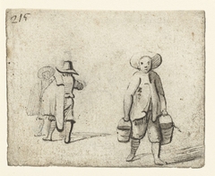 Drie staande figuren, de voorste draagt emmers by Harmen ter Borch