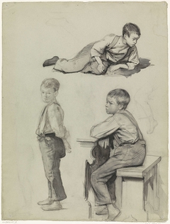 Drie studies van een jongetje, staand, liggend en zittend op een bankje by Bramine Hubrecht