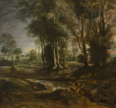 Evening landscape with timber wagon