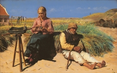 Figures in a landscape. Blind Kristian and Tine among the dunes. by Michael Peter Ancher
