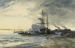 Fishing boats on the seashore by Jules Achille Noël