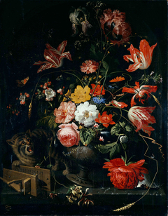 Flower piece with cat and mousetrap by Abraham Mignon